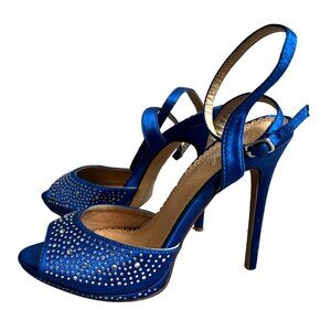 Lauren Lorraine Blue Rhinestone Stiletto Heels Sz 9 Womens 5" Satin Outer